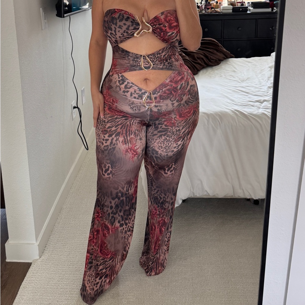 Leopard/ floral Print Strapless Jumpsuit